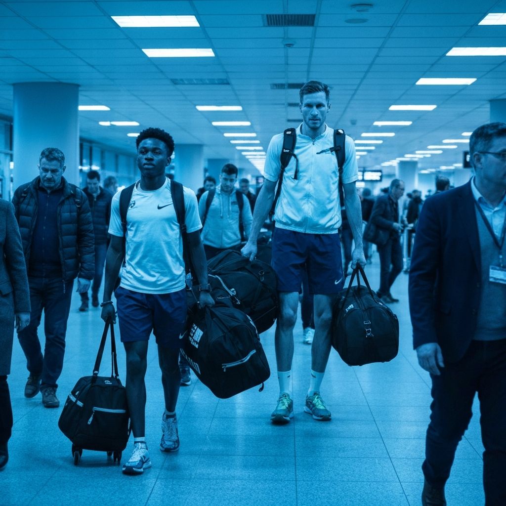Athletes with equipment bags navigating a busy international airport